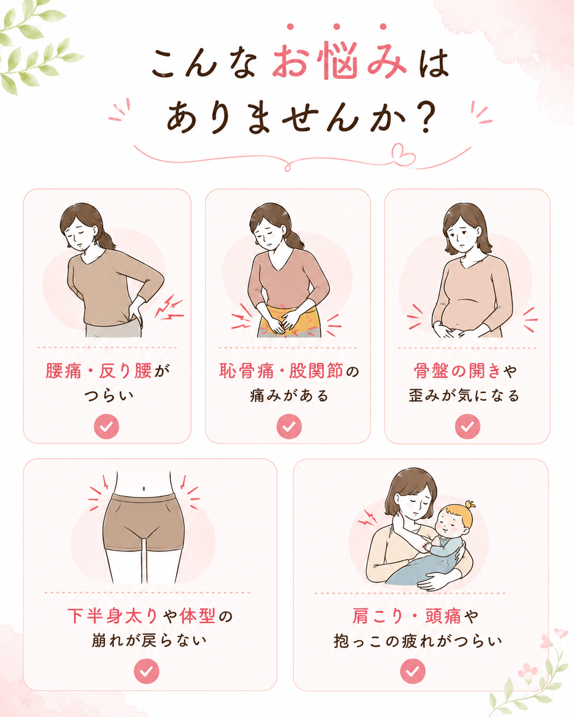 産後の腰痛 恥骨痛 股関節痛 骨盤の開き 体型の崩れなどのお悩み