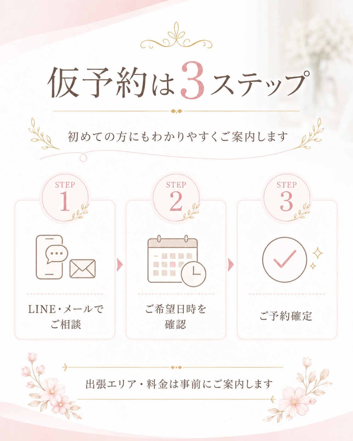 仮予約は3ステップ LINEメールで相談 ご希望日時を確認 ご予約確定