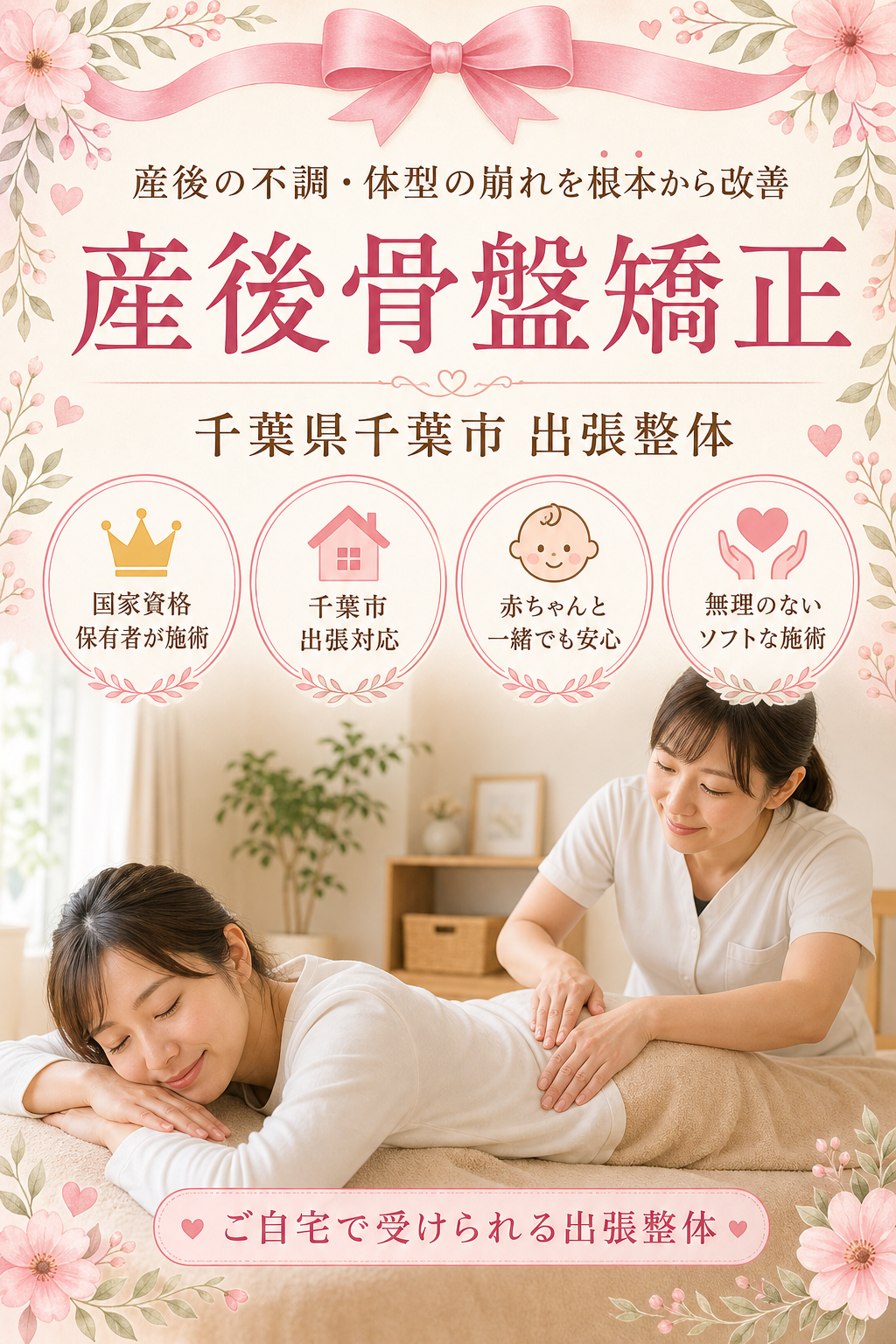 千葉県千葉市 産後骨盤矯正 出張整体 国家資格保有者による産後の不調・体型の崩れ根本改善