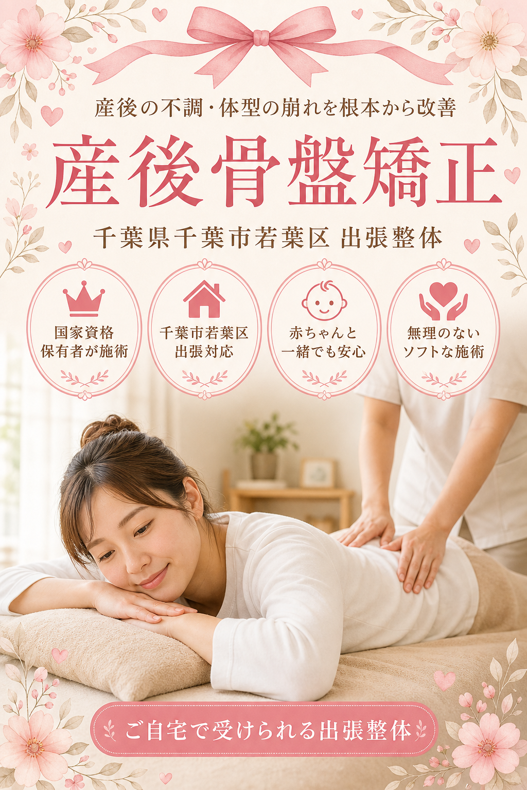 千葉県千葉市若葉区 産後骨盤矯正 出張整体 国家資格保有者による産後の不調・体型の崩れ根本改善