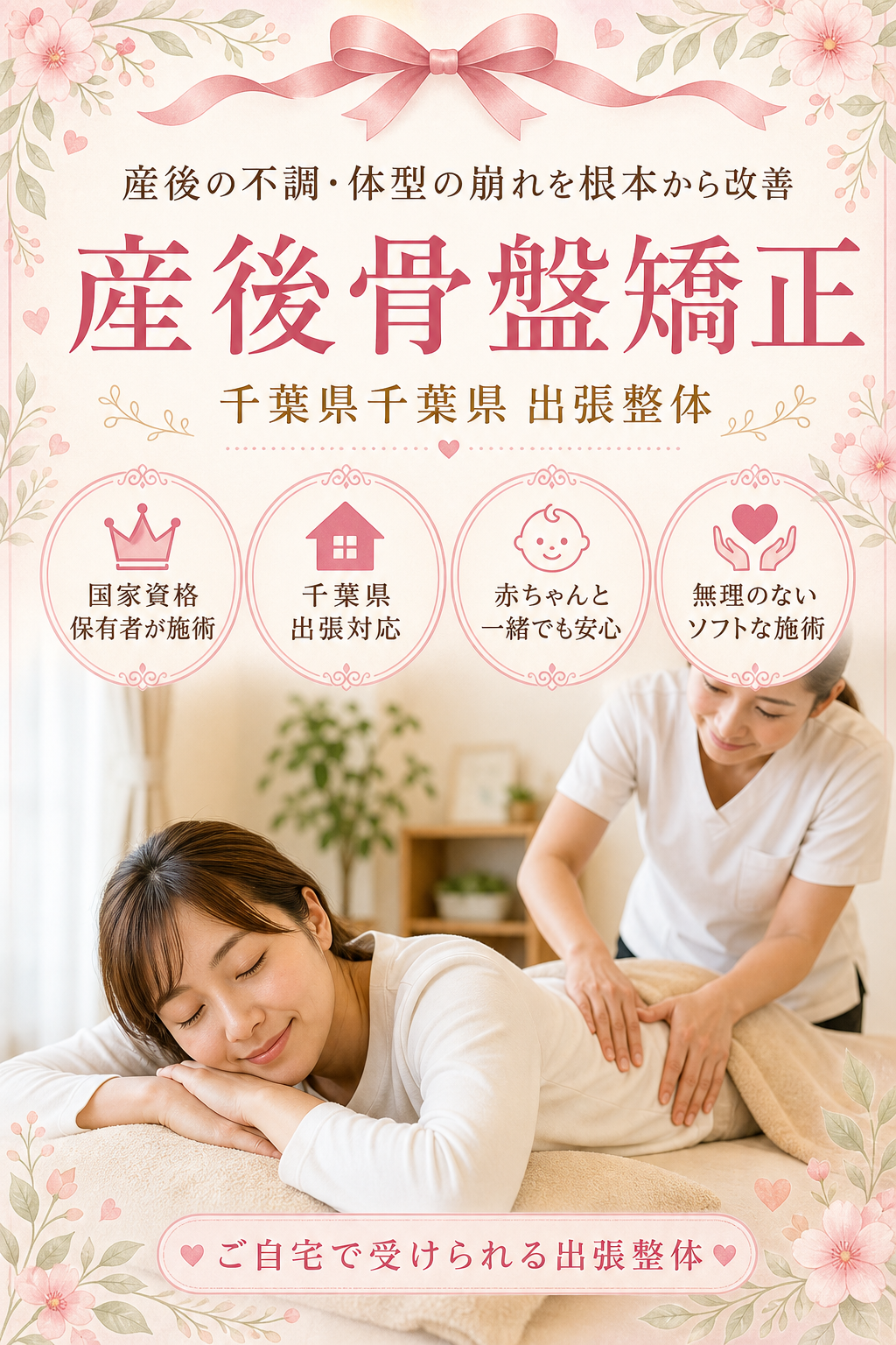千葉県千葉県 産後骨盤矯正 出張整体 国家資格保有者による産後の不調・体型の崩れ根本改善