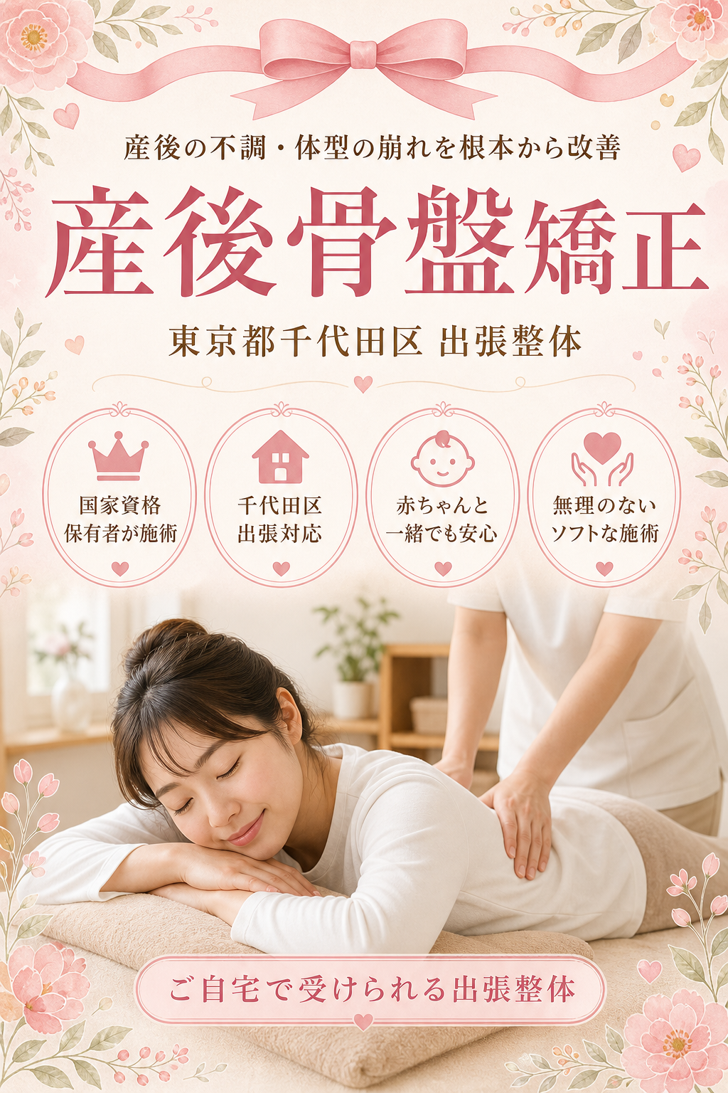 東京都千代田区 産後骨盤矯正 出張整体 国家資格保有者による産後の不調・体型の崩れ根本改善