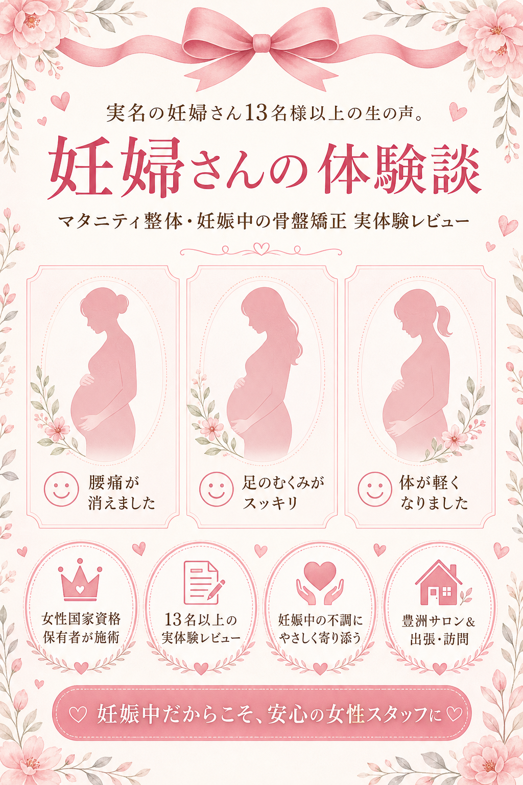 マタニティ整体・妊娠中の骨盤矯正 妊婦さんのお客様の体験談 実名13名以上 FV画像 バランス工房