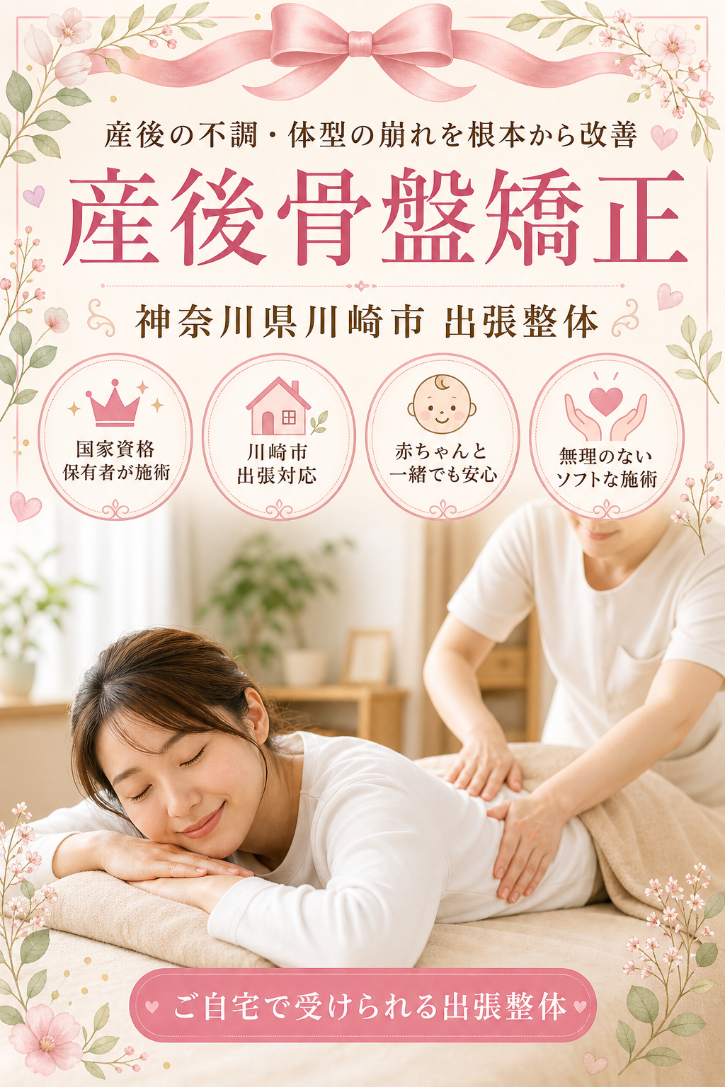 神奈川県川崎市 産後骨盤矯正 出張整体 国家資格保有者による産後の不調・体型の崩れ根本改善