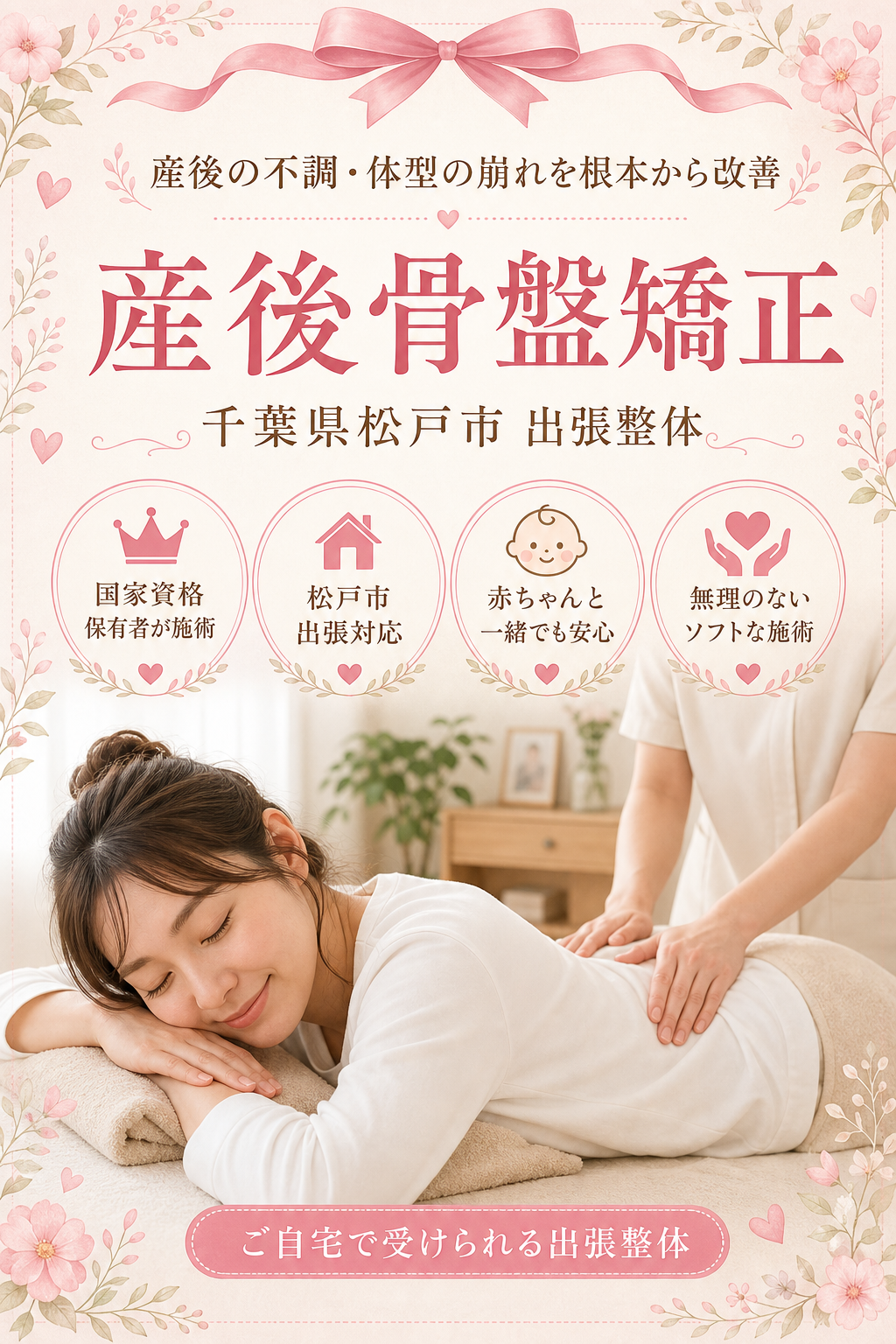 千葉県松戸市 産後骨盤矯正 出張整体 国家資格保有者による産後の不調・体型の崩れ根本改善