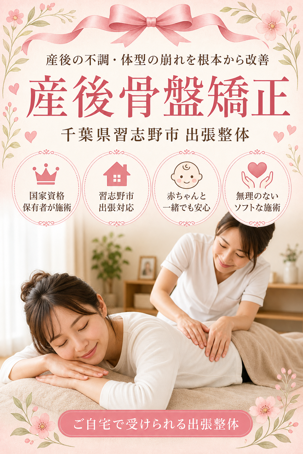 千葉県習志野市 産後骨盤矯正 出張整体 国家資格保有者による産後の不調・体型の崩れ根本改善