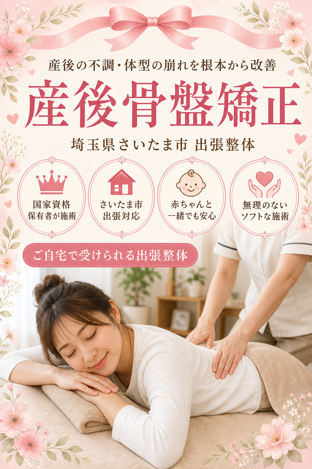 埼玉県さいたま市 産後骨盤矯正 出張整体 国家資格保有者による産後の不調・体型の崩れ根本改善