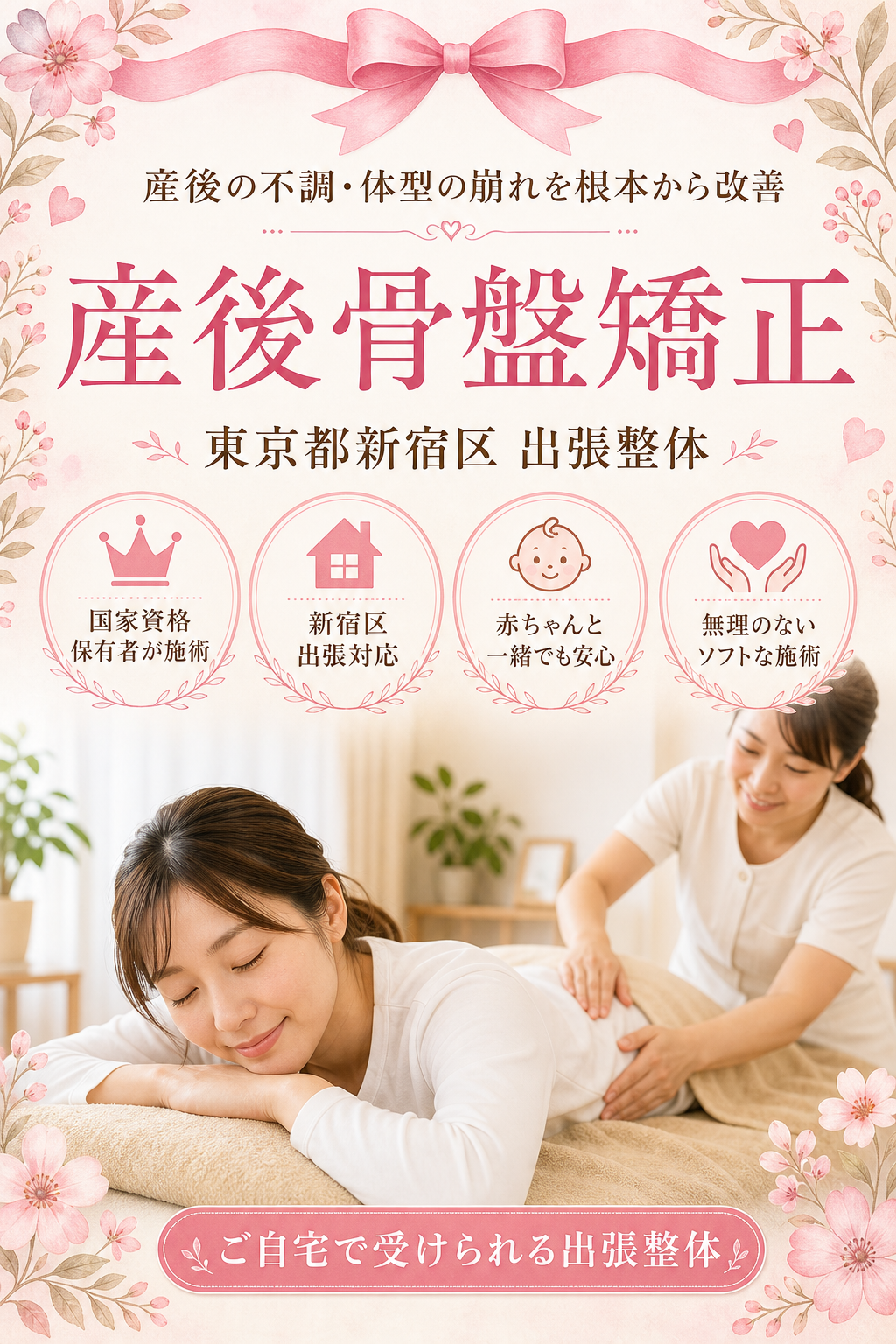 東京都新宿区 産後骨盤矯正 出張整体 国家資格保有者による産後の不調・体型の崩れ根本改善