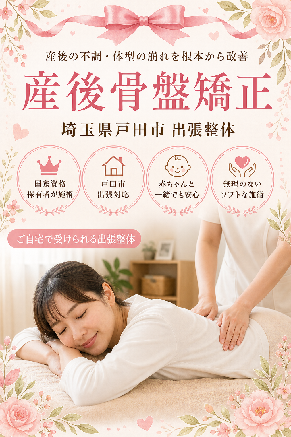埼玉県戸田市 産後骨盤矯正 出張整体 国家資格保有者による産後の不調・体型の崩れ根本改善