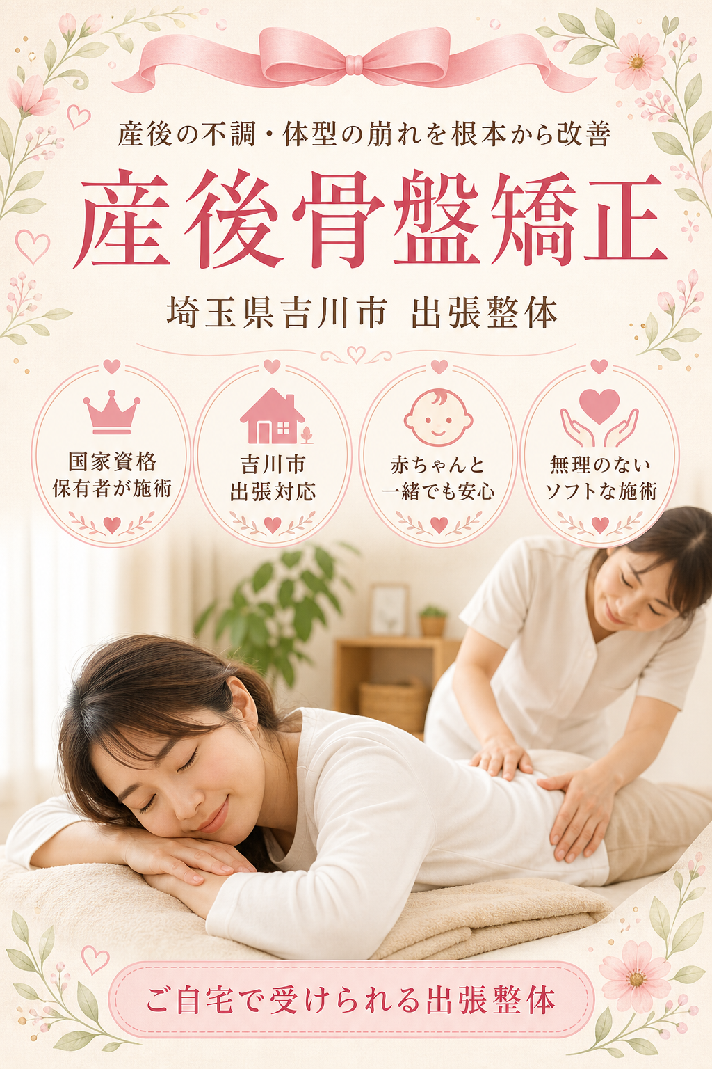 埼玉県吉川市 産後骨盤矯正 出張整体 国家資格保有者による産後の不調・体型の崩れ根本改善