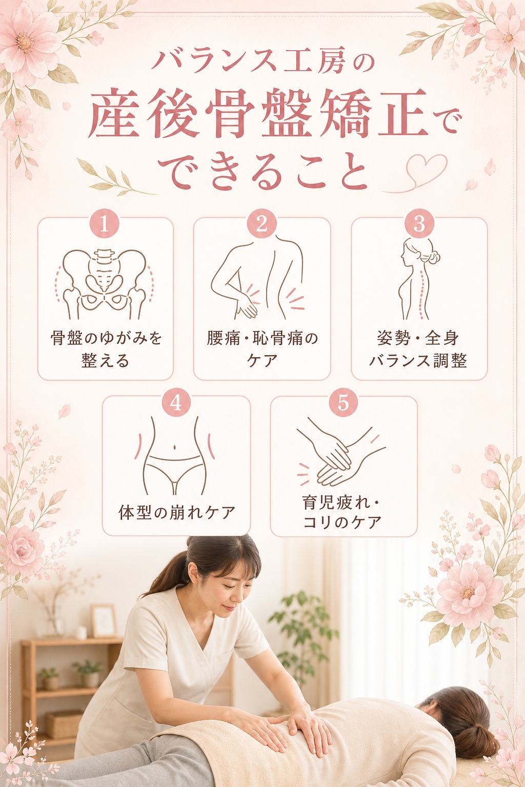 バランス工房の産後骨盤矯正でできること 骨盤調整 腰痛ケア 姿勢改善 体型回復