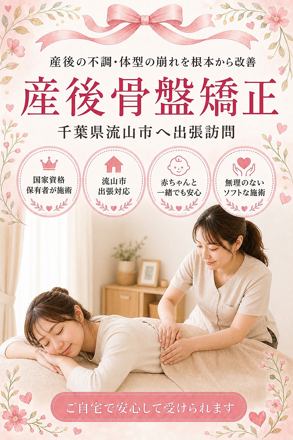 千葉県流山市へ出張訪問する産後骨盤矯正 女性国家資格保有者がご自宅へ バランス工房
